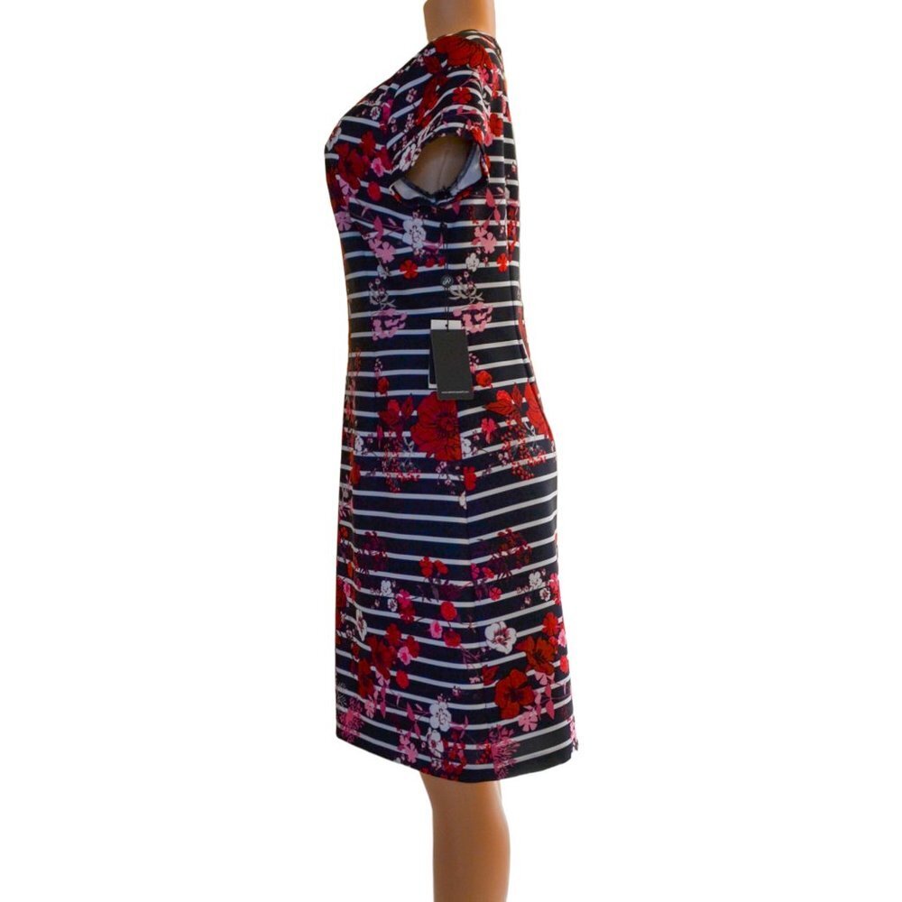 Adrianna Papell NWT Floral & Stripe Dress — Red / Pink / White on Black, Size 12 - Picture 6 of 15